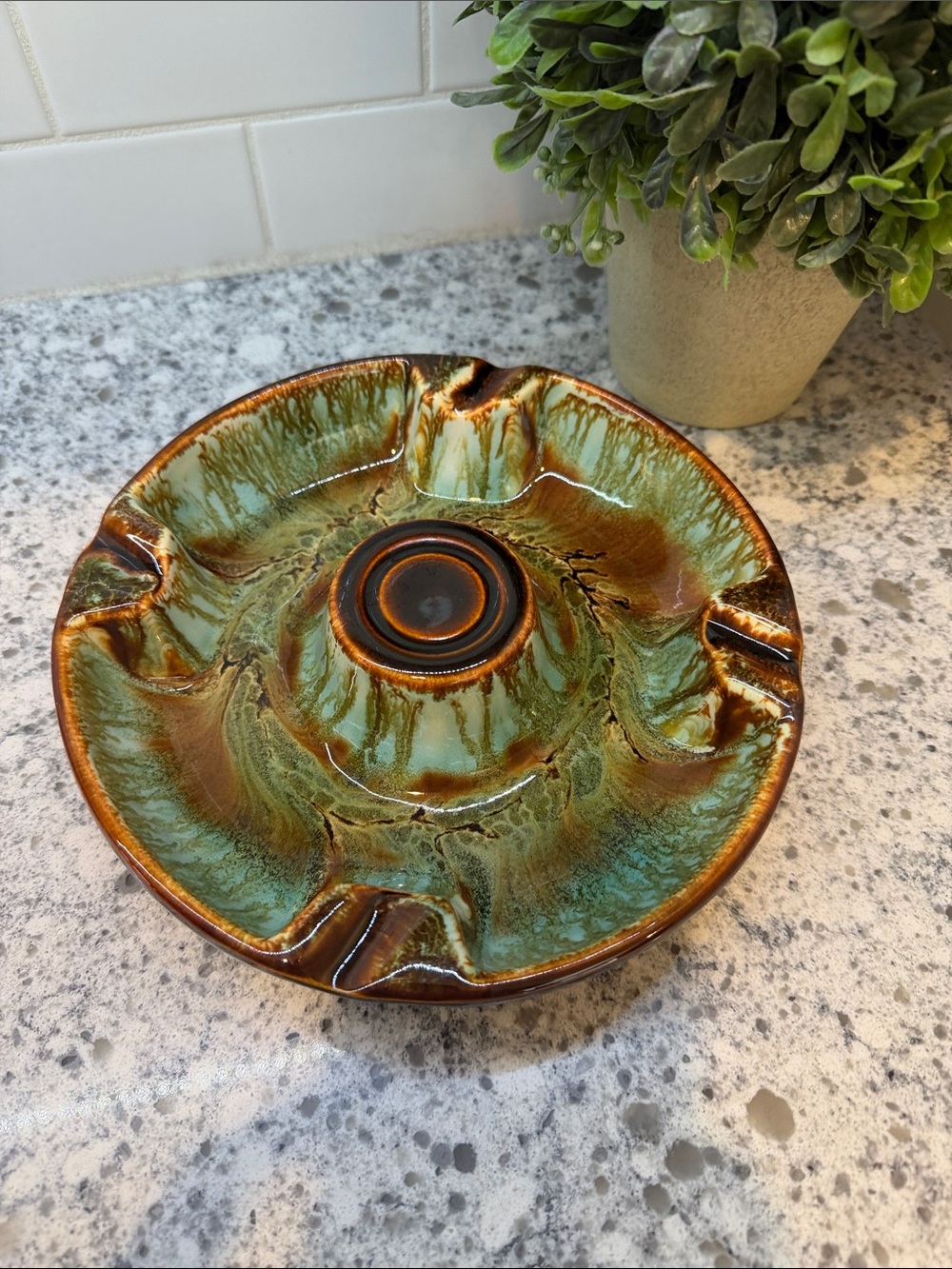 Vintage MCM Green and Brown Drip Glaze Ceramic Ashtray 1970 1980